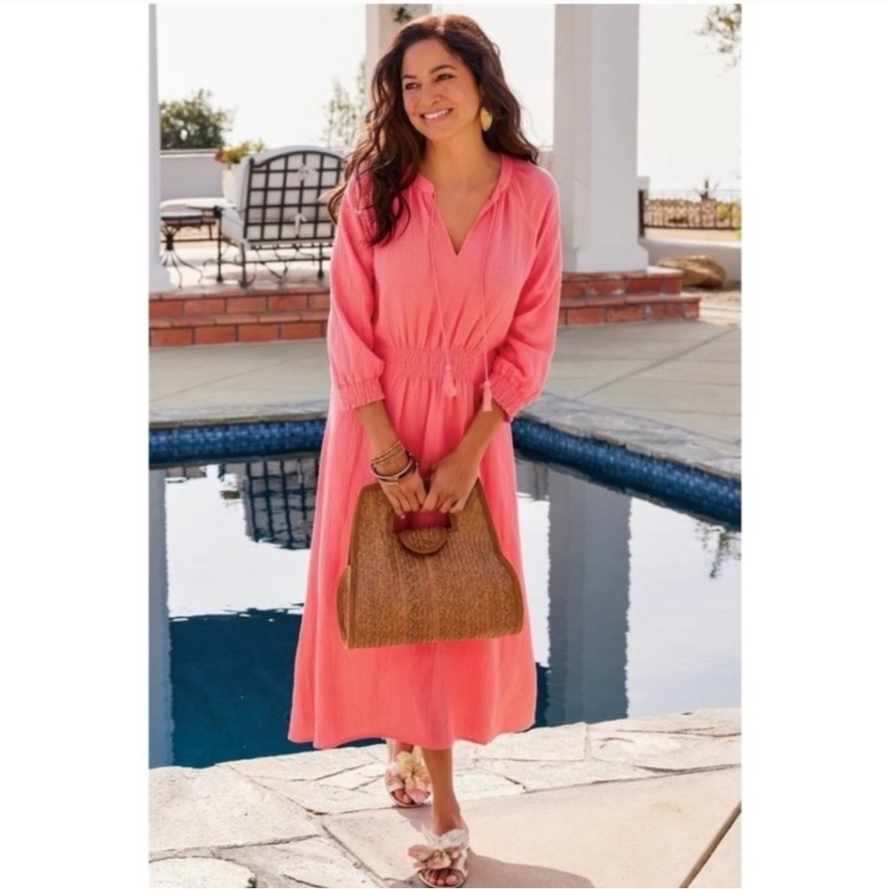 Soft Surroundings Bryn Gauze Long Sleeve Coral Maxi Dress Size M